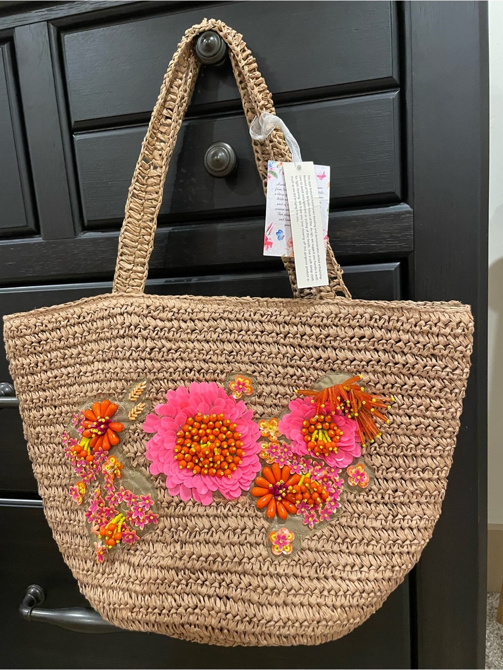 Woven Straw Tote with Pink & Orange Floral Embellishments